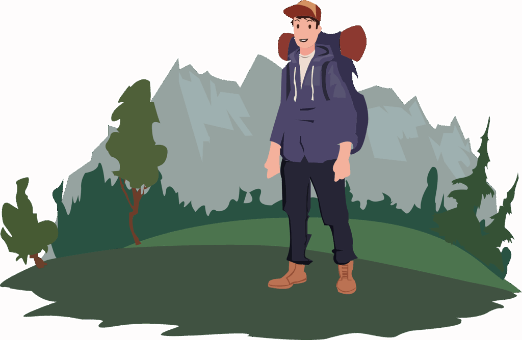 man, hiker, mountain, nature, climber, hike, trekking, cartoon, drawing, mountaineering, walk, forest, trees, camp, adventure, cutout