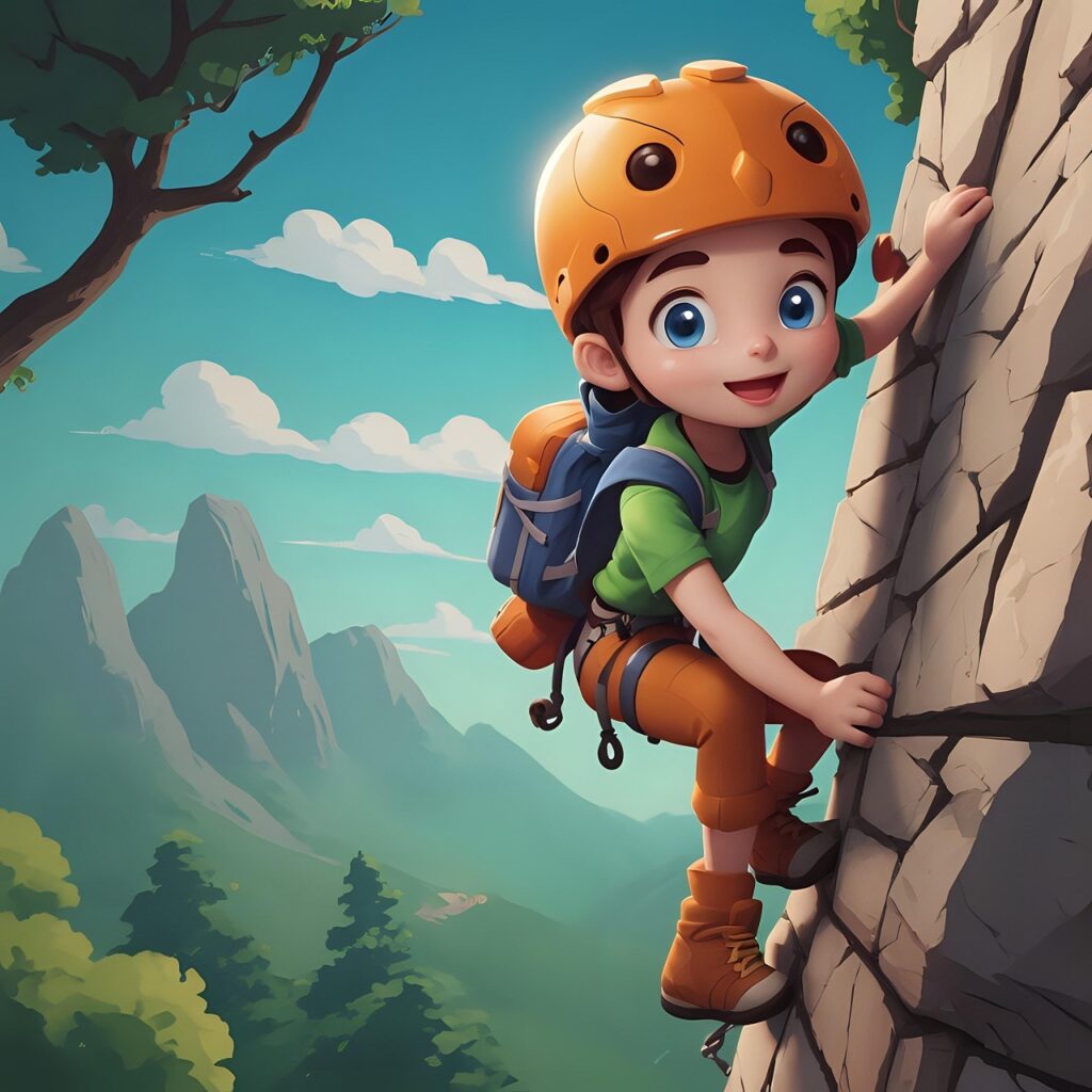 man, hiking, climbing, mountain, cartoon character, cartoon, adventure, nature, sport, success, mountaineer, mountaineering, climber, cliff, ai generated, journey